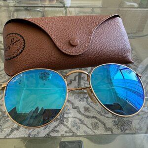 RayBan Round Flash Lenses - Blue Reflective + Gold Frame